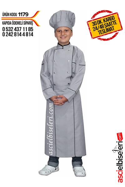 Çocuk Aşçı Kıyafeti Gri (Ceket Önlük Kep)