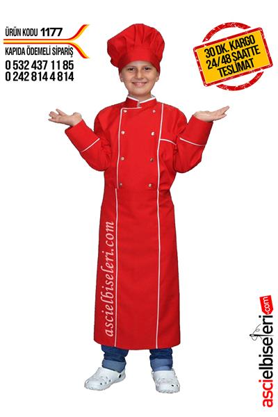 Çocuk Aşçı Kıyafetleri Kırmızı (Ceket Önlük Kep)