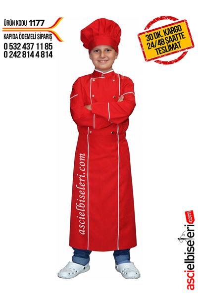 Çocuk Aşçı Kıyafetleri Kırmızı (Ceket Önlük Kep)