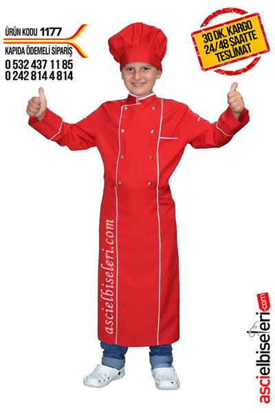Çocuk Aşçı Kıyafetleri Kırmızı (Ceket Önlük Kep)