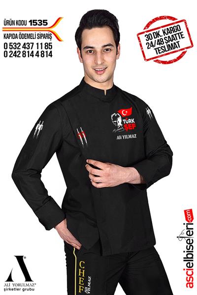 De 1535 Atatürk Nakış İşlemeli Aşçı Ceketi İzmir Siyah