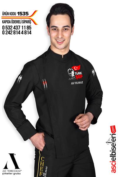 De 1535 Atatürk Nakış İşlemeli Aşçı Ceketi İzmir Siyah