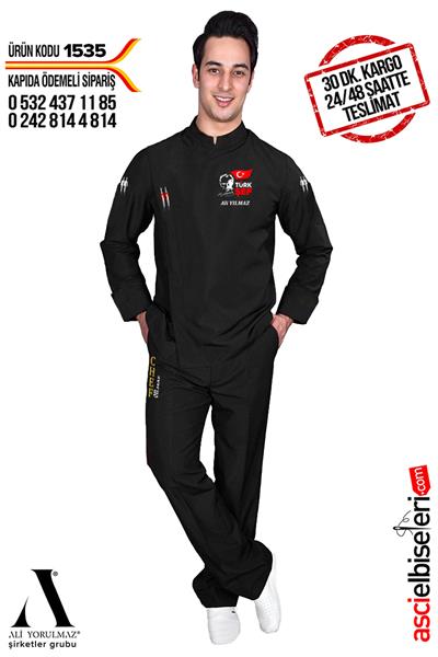 De 1535 Atatürk Nakış İşlemeli Aşçı Ceketi İzmir Siyah