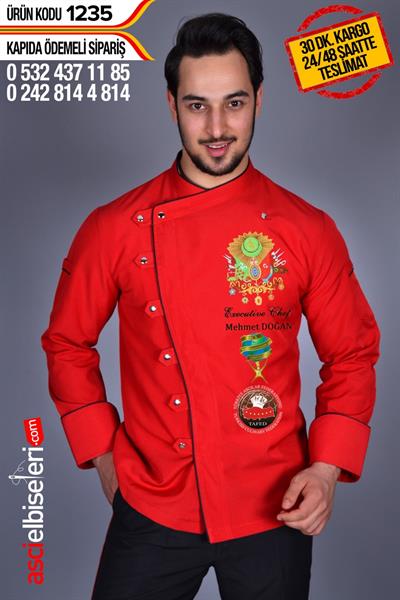 De1235 Defolu Osmanlı Logo İşlemeli Şef Aşçı Ceketi Kırmızı (