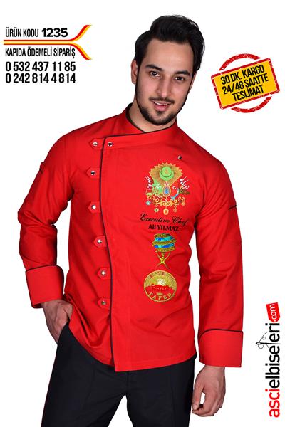 De1235 Defolu Osmanlı Logo İşlemeli Şef Aşçı Ceketi Kırmızı (