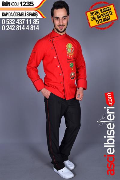 De1235 Defolu Osmanlı Logo İşlemeli Şef Aşçı Ceketi Kırmızı (