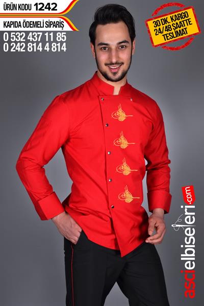 De1242 Nakışlı Şef Ceketi (Kırmızı)