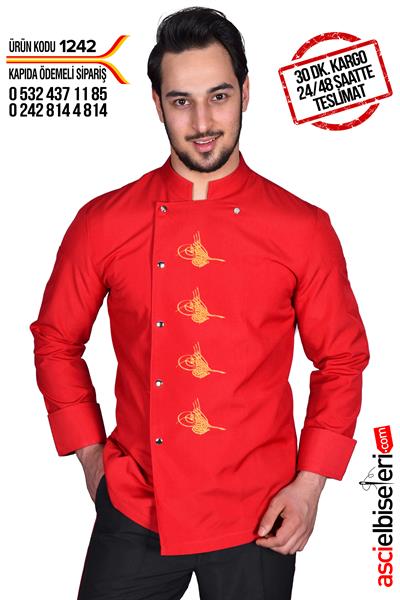 De1242 Nakışlı Şef Ceketi (Kırmızı)