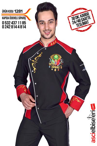 De1281  Şef Aşçı Ceketleri Siyah Kırmızı Chef Nakışlı