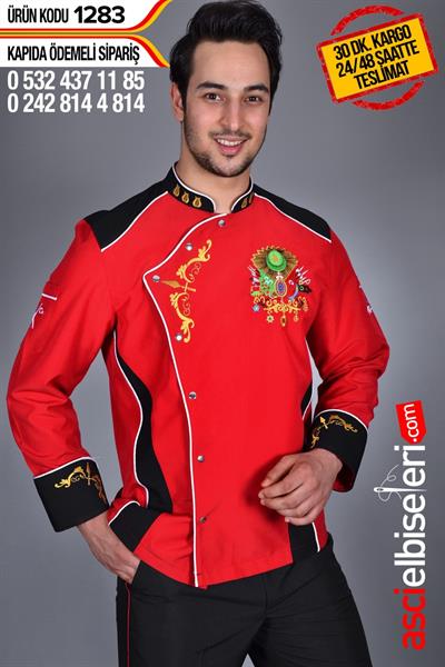 De1283 Şef Aşçı Ceketi Kırmızı Siyah