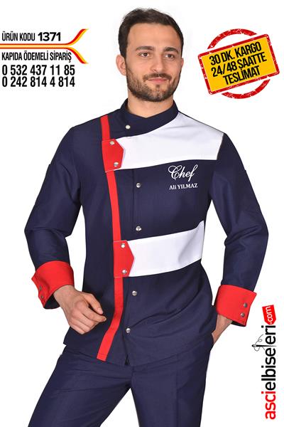 De1371  Stil Lacivert Profesyonel Şef Aşçı Ceketi