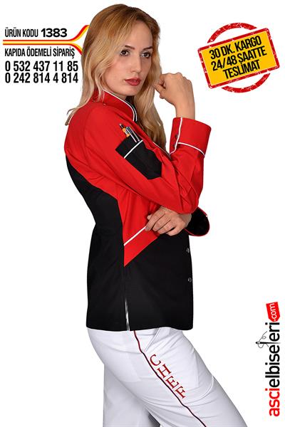 De1383 Kırmızı Bayan Aşçı Ceketi Chef Nakışlı