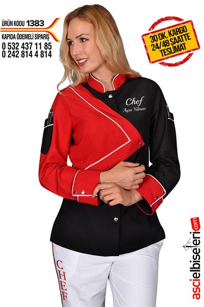 De1383 Kırmızı Bayan Aşçı Ceketi Chef Nakışlı