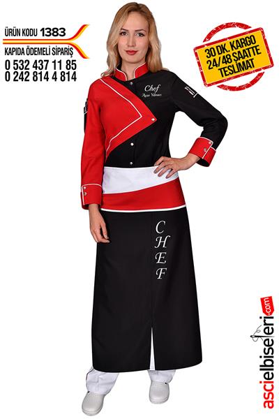 De1383 Kırmızı Bayan Aşçı Ceketi Chef Nakışlı