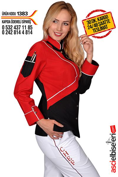 De1383 Kırmızı Bayan Aşçı Ceketi Chef Nakışlı