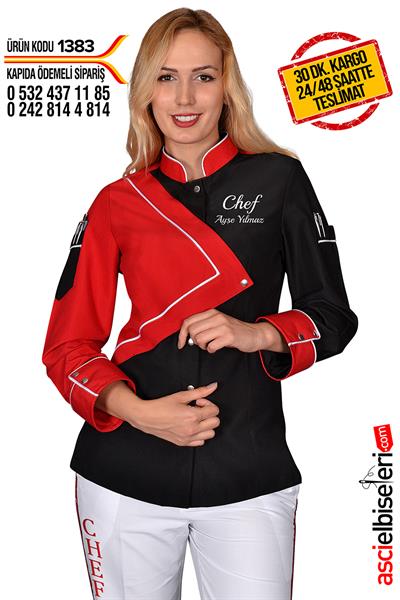 De1383 Kırmızı Bayan Aşçı Ceketi Chef Nakışlı