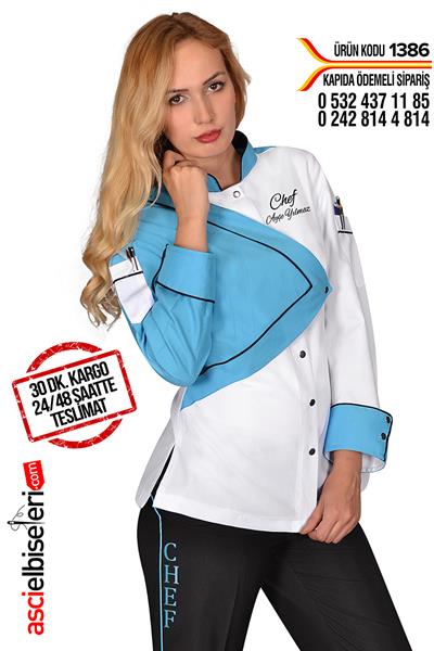 De1386 Modern Tasarım Bayan Aşçı Ceketi Beyaz Turkuaz