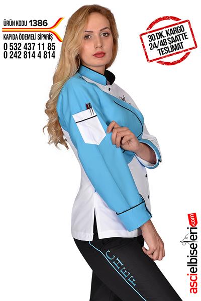 De1386 Modern Tasarım Bayan Aşçı Ceketi Beyaz Turkuaz