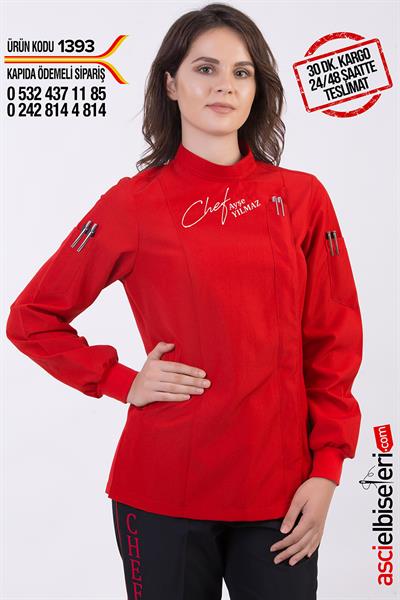 De1393 Excellent Kırmızı Bayan Aşçı Ceketi