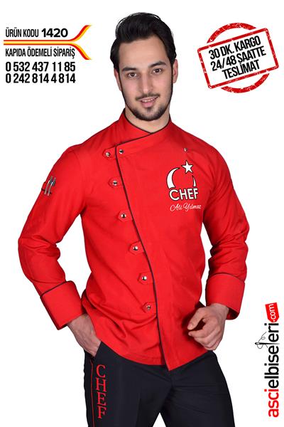 De1420 Türkiyem Şef Aşçı Ceketi Kırmızı