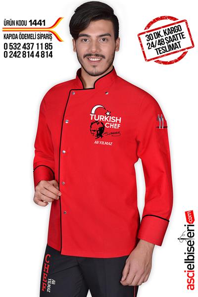 De14411 Lider Turkısh Chef Aşçı Ceketi Kırmızı