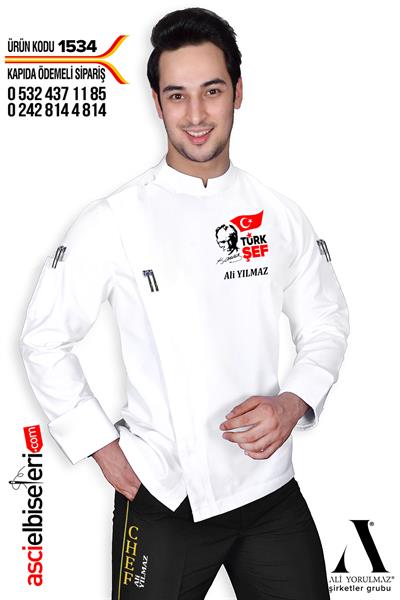 De1534 Atatürk Nakış İşlemeli Aşçı Ceketi İzmir Beyaz