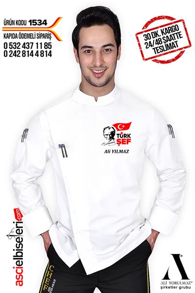 De1534 Atatürk Nakış İşlemeli Aşçı Ceketi İzmir Beyaz