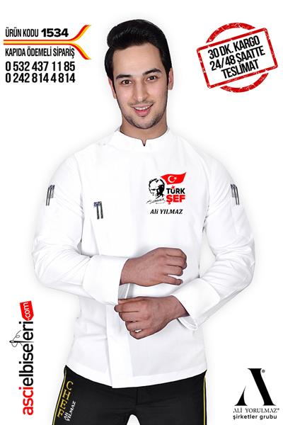 De1534 Atatürk Nakış İşlemeli Aşçı Ceketi İzmir Beyaz