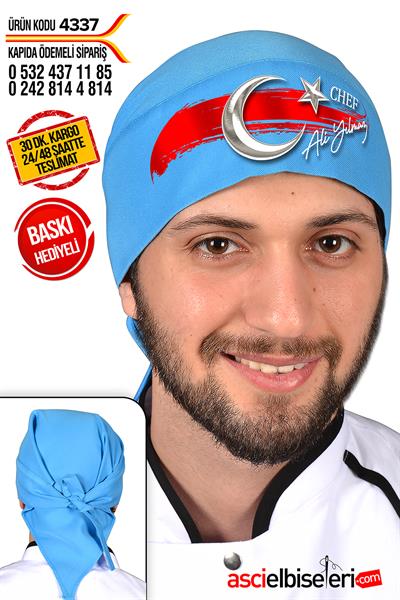De4337 Türk Bayrağı Baskılı Turkuaz Baskılı Şef Aşçı Bandanası