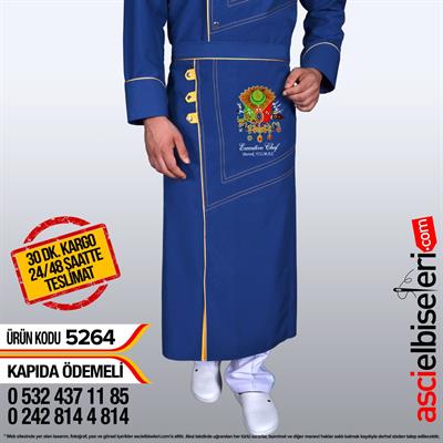 De5264 Gümüşlük Mavi Osmanlı Armalı Şef Aşçı Önlük Modeli