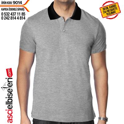 De9014 Gri Lakost Tişört Lacivert Yakalı