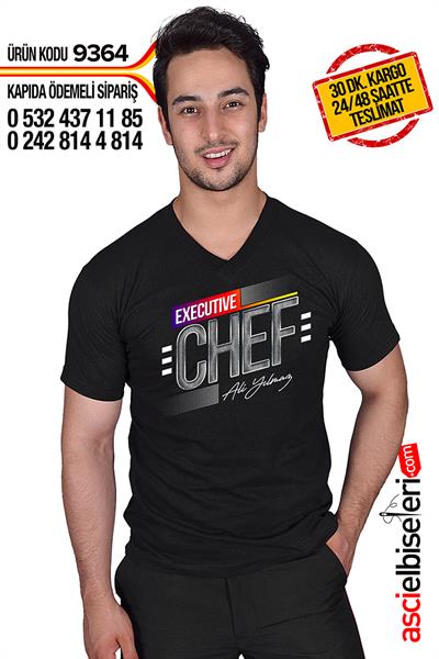 De9364 İsminizin Basıldığı Executıve Chef Tişörtü Siyah