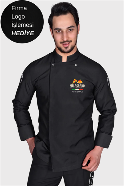 Firma Logo İşlemesi Hediyeli Aşçı Ceketi Siyah Şef Ceketi Aşçı Kıyafeti Kişiye Özel Aşçı Gömleği