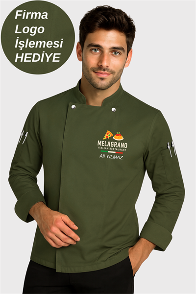 Firma Logo İşlemesi Hediyeli Aşçı Ceketi Haki Şef Ceketi Aşçı Kıyafeti Kişiye Özel Aşçı Gömleği