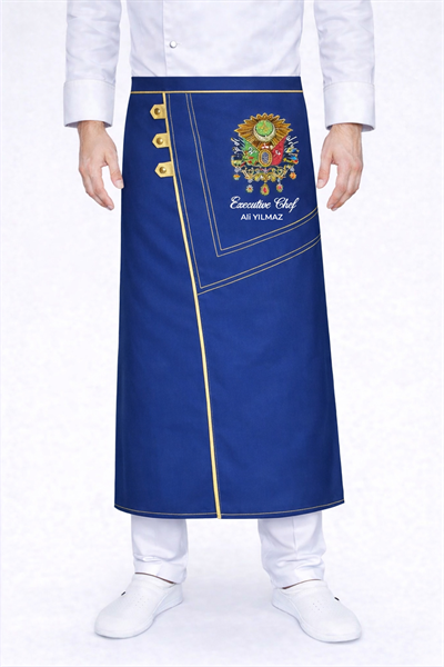 Gümüşlük Mavi Osmanlı Armalı Şef Aşçı Önlük Modeli