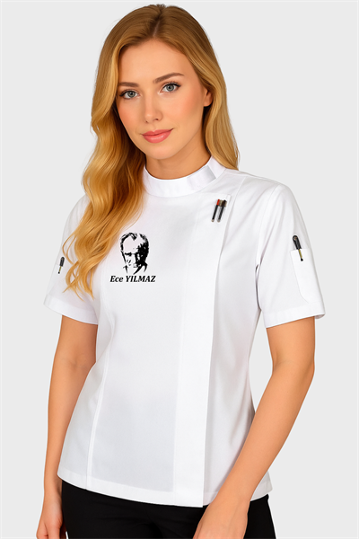 İsim Hediyeli Atatürk Nakışlı Kısa Kollu Kadın Şef Aşçı Ceketi Bayan Aşçı Ceketleri Aşçı Kıyafeti