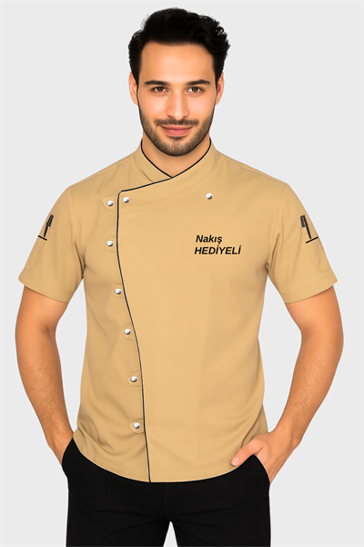 İsim Hediyeli Bej Kısa Kollu Şef Aşçı Ceketi Yazlık Aşçı Kıyafeti Aşçı Forması Aşçı Gömleği Modeli