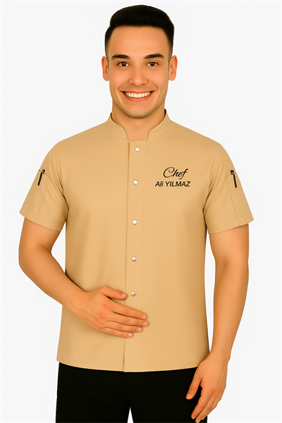 İsim Hediyeli Bej Yarım Kollu Şef Aşçı Forması Aşçı Kıyafeti Modelleri