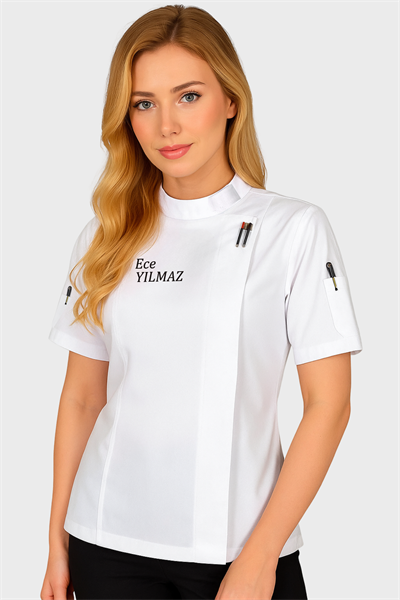 İsim Hediyeli Beyaz Kısa Kollu Kadın Şef Aşçı Ceketi Yazlık Aşçı Kıyafeti Bayan Aşçı Forması Gömleği