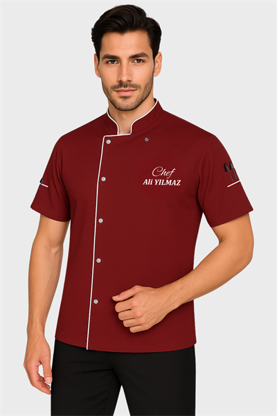 İsim Hediyeli Bordo Kısa Kollu Şef Aşçı Ceketi Yazlık Aşçı Kıyafeti Modelleri