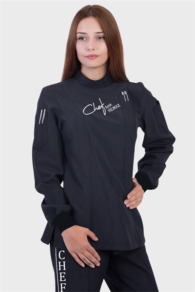 İsim Hediyeli Füme Kadın Aşçı Ceketi Bayan Aşçı Ceketi Bayan Aşçı Kıyafeti Modern Aşçı Kıyafetleri Bayan