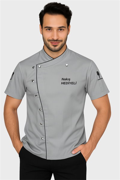 İsim Hediyeli Gri Kısa Kollu Şef Aşçı Ceketi Yazlık Aşçı Kıyafeti Mutfak Üniforma Aşçı Gömleği