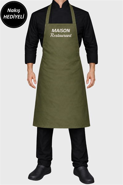 İsim Hediyeli Haki Barista Önlüğü, Aşçı Önlüğü, Mutfak Önlüğü, Garson Önlüğü, Boyundan Askılı Önlük 