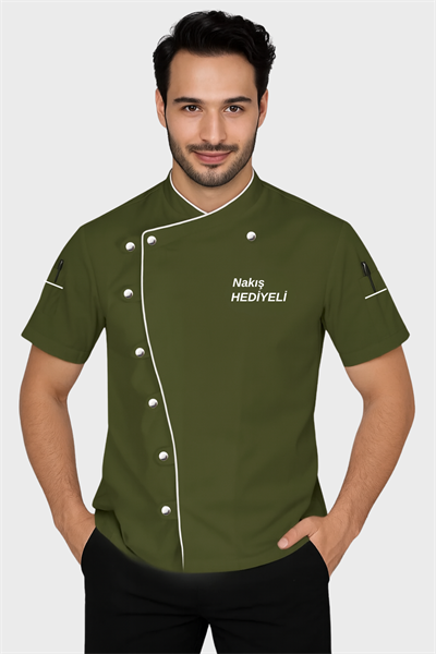 İsim Hediyeli Haki Yeşili Erkek Şef Aşçı Ceketi Kısa Kollu Aşçı Kıyafeti Modelleri Aşçı Forması