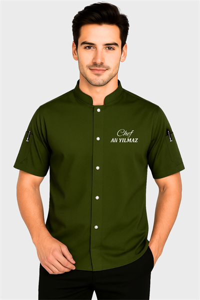 İsim Hediyeli Haki Yeşili Kısa Kollı Kişiselleştirilebilen Şef Aşçı Ceketi Modelleri
