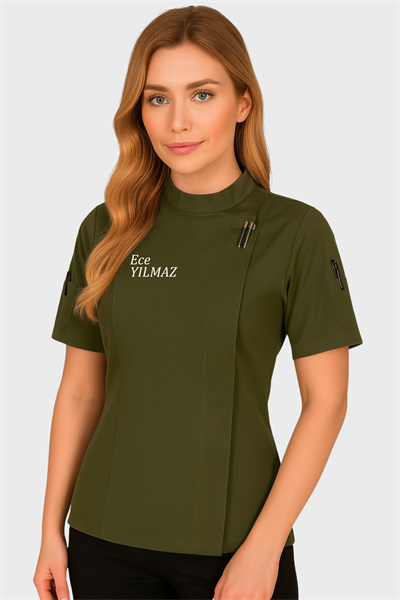 İsim Hediyeli Haki Yeşili Kısa Kollu Kadın Şef Aşçı Ceketi Kadın Aşçı Kıyafeti Bayan Aşçı Ceketi