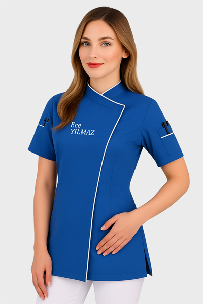 İsim Hediyeli İndigo Mavi Kadın Şef Aşçı Ceketi Kısa Kollu Yazlık Aşçı Kıyafeti Bayan Aşçı Gömleği
