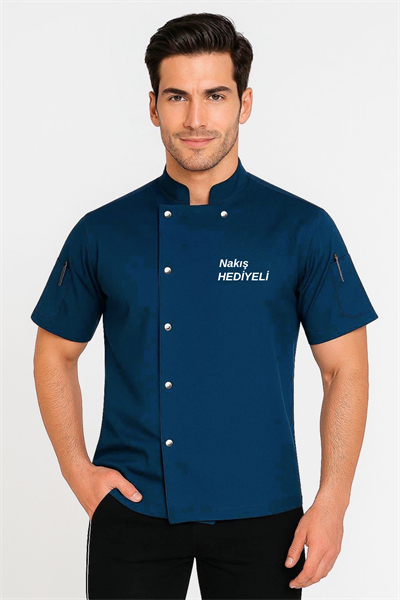 İsim Hediyeli İndigo Mavi Kısa Kollu Aşçı Ceketi Erkek Kişiye Özel Şef Ceketi Aşçı Kıyafetleri