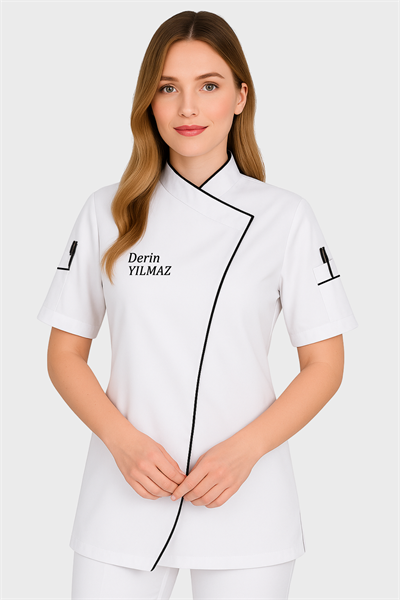 İsim Hediyeli Kadın Şef Aşçı Ceketi Bayan Aşçı Ceketi Uzun Model Beyaz Kısa Kollu Kadın Aşçı Kıyafeti 