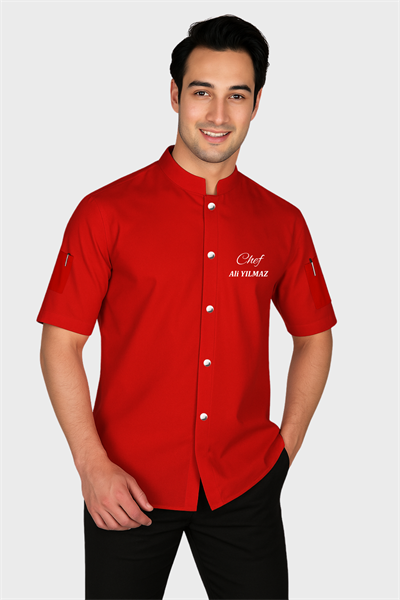 İsim Hediyeli Kırmızı Kısa Kollu Şef Aşçı Ceketi Modelleri Trend Şef Aşçı Forması